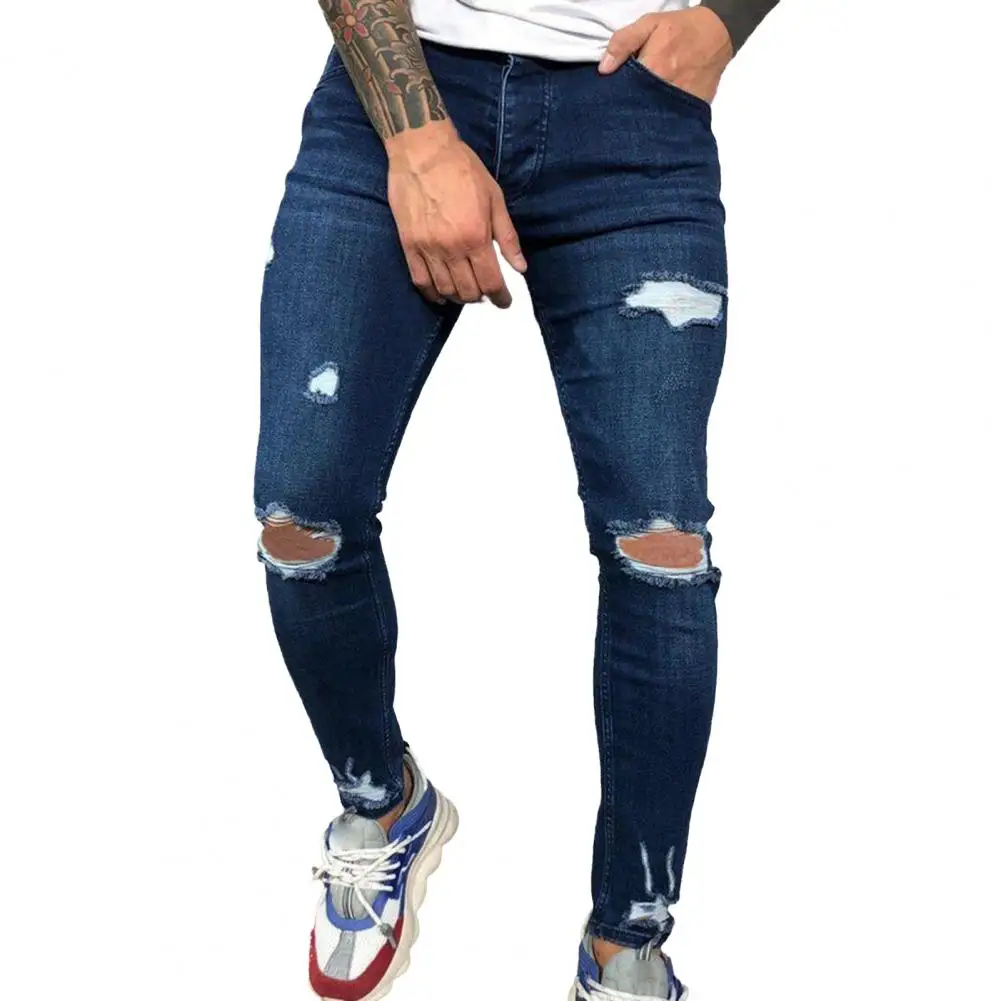 

Knee hole Ripped Jeans Men Skinny blue & black High Street Style Elasticity Slim Frayed Casual Men Pants Trousers Biker Jeans