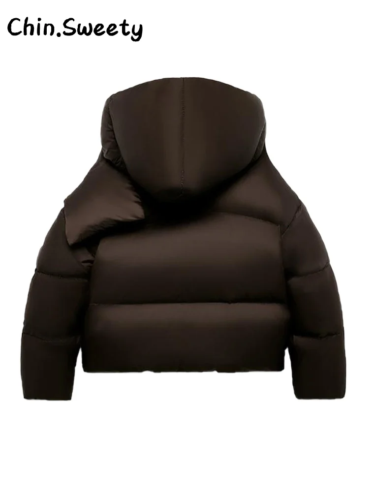 المرأة الدافئة انفصال وشاح طوق مقنعين معطف القطن الصلبة كم كامل أزرار جيب رشاقته سترة 2025 الشتاء سيدة أبلى