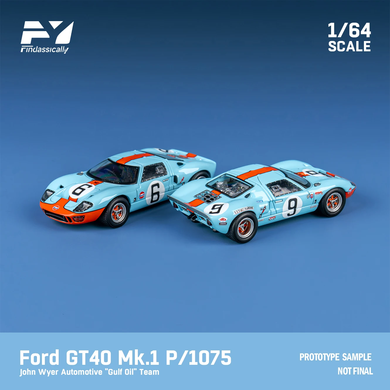 Finclassically 1/64 Ford GT40 MK1 P/1075 Sports Car Diecast Model Car Plastic Base Acrylic Display Collection Ornaments