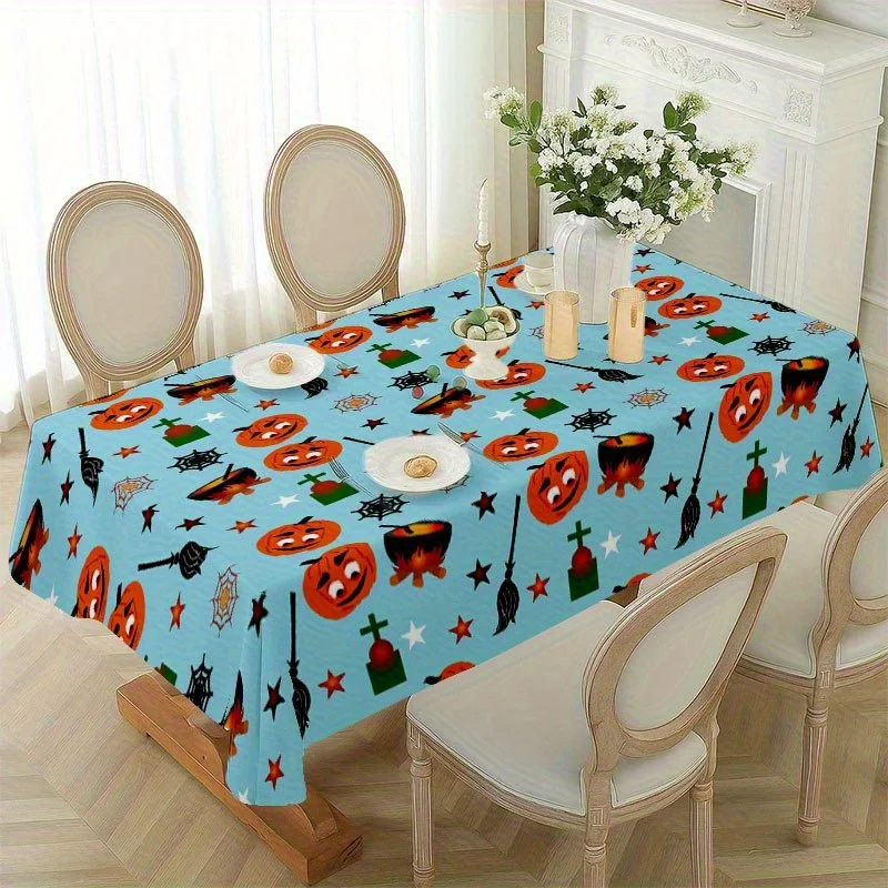 Halloween Rectangle Table Cloth Light Blue Pumpkin Witch Broom Table Cover for Kitchen Dining Halloween Indoor Party Decor