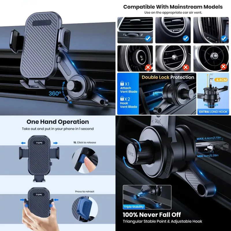 

D42T Car Phone Mount , Extended Arm 3-Point Support Extendable Metal Hook Superior Stability Cell Phone Holder for Cars