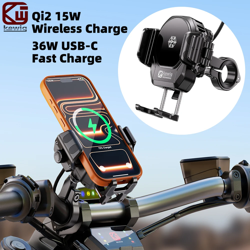 

Kewig Motorcycle Phone holder Qi2 15W Wireless Charge 36W USB-C Fast Charge Shockproof Fit 0.87-1.26" Handlebar & 5.4-7.2" Phone