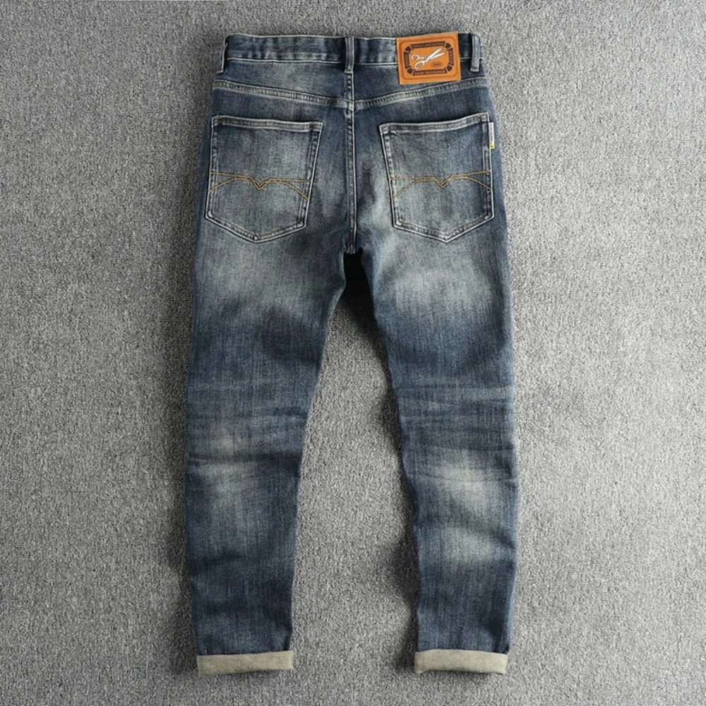 Embroidery Embellished White To Do Old American Vintage Jeans Men Slim Straight Leg Fashion All-match Youth Pants