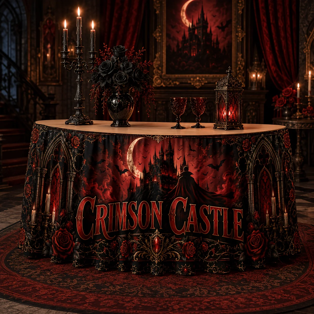 Tablecloth, table skirt 1 piece. Red castle gothic style Halloween printed polyester table skirt, suitable for horror partieszyc