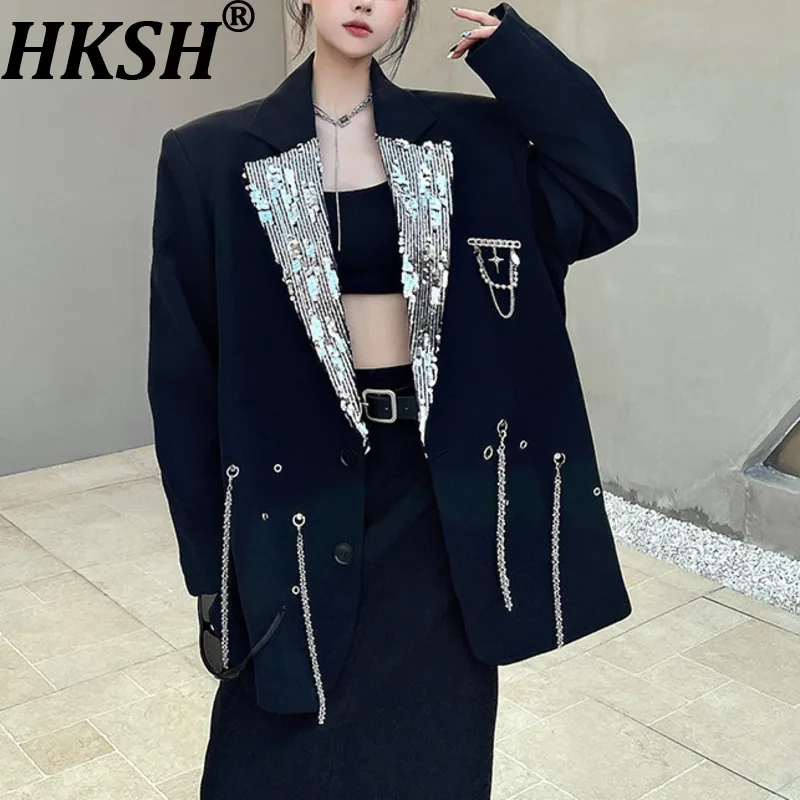 HKSH Women Chic Blazer Sequined Metal Chain Notched Collar Long Sleeve Single Breasted Ins Jacket New Spring Autumn 2026 HK19415