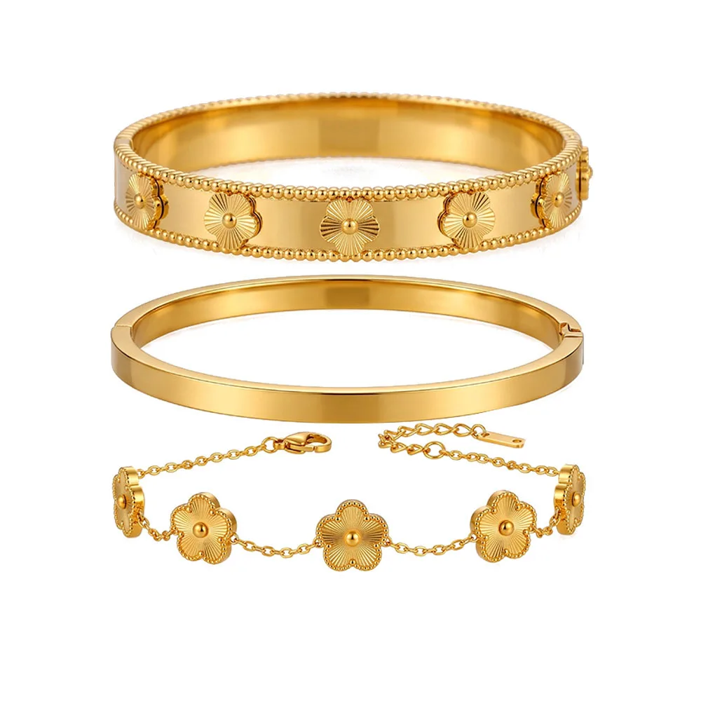 3-teiliges Wasserdichtes Blumenmuster Armreif-Set für Frauen Edelstahl 5-Blatt-Klee Armband Stapelbare Schmuck-Geschenkidee – Detail 6