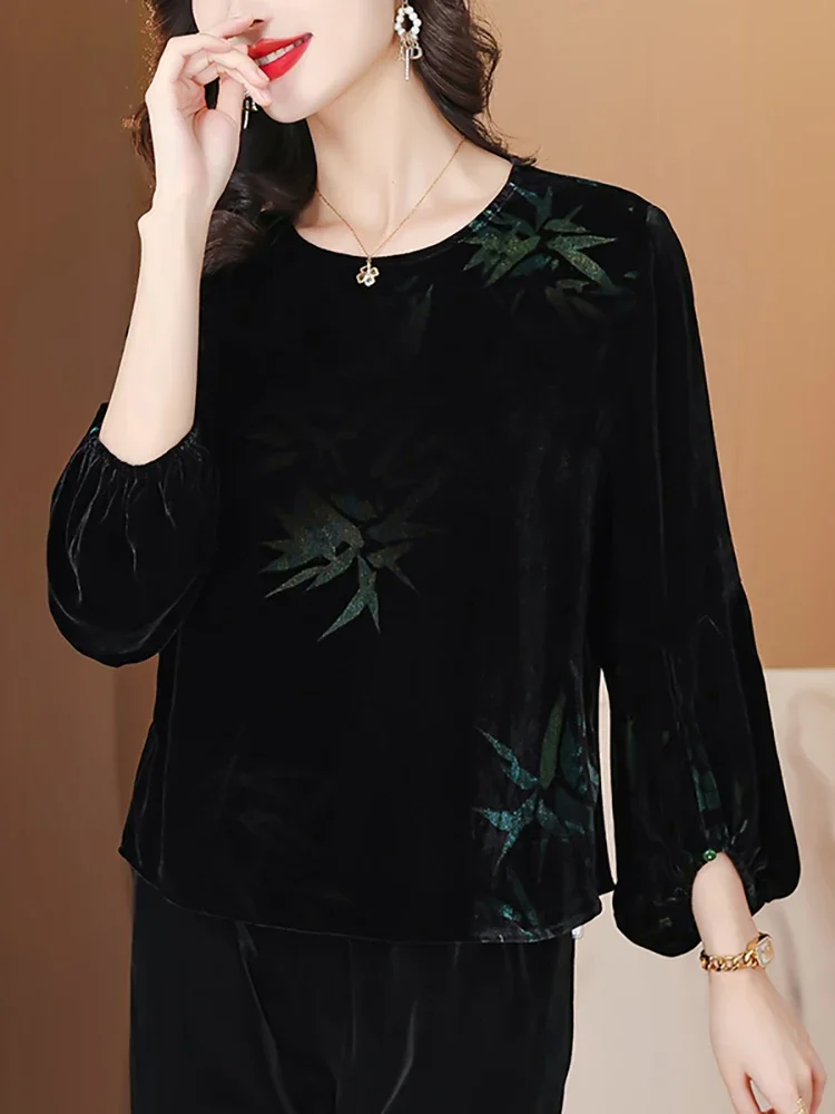 Autumn Winter Black Print Velvet Casual Top Coats Women Korean Vintage Luxury Blouses 2024 Long Sleeve Elegant Loose Top Coats