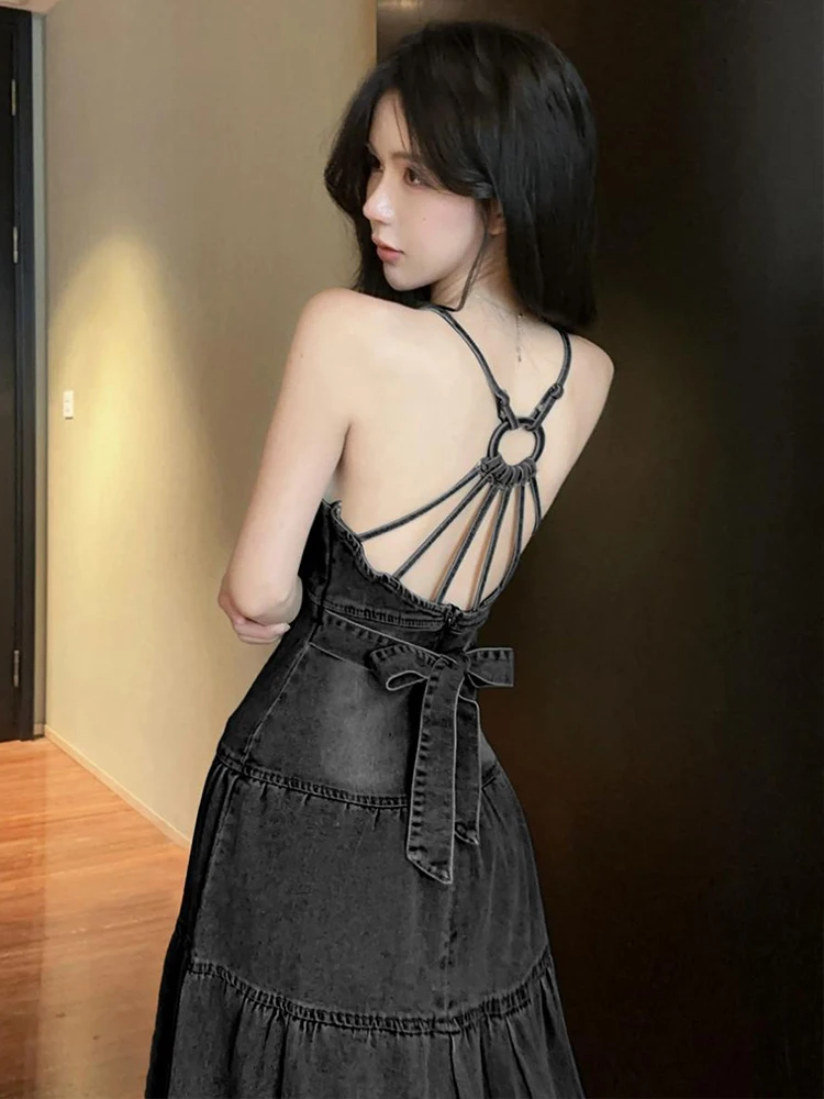 Frauen Kleidung Retro Y2K Denim Sexy Strap V-ausschnitt Backless Schlank Abendkleid Elegante Party Geburtstag Vestidos Robe Urlaub Casual