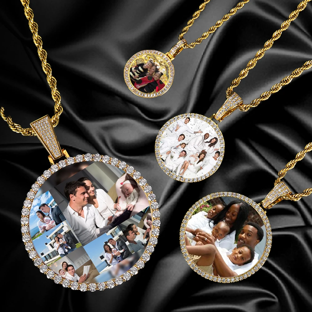 Personalizado Bling Círculo Medalhões Colar Pingente, Hip Hop Jóias, Molduras Memorial, Personalização Foto, 26mm, 35mm, 45mm, 68mm