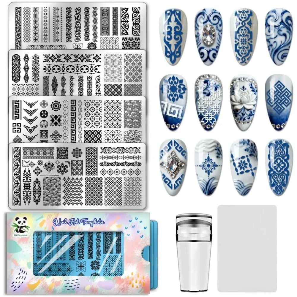 4pcs Chinese Style Patterns Nail Stamp Plate Retro Long Strip Nail Art Template Floral Motifs Nails Stencils