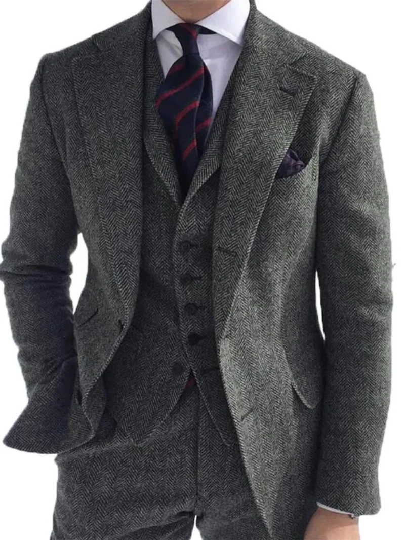 3 Pieces Men‘s Suits Green Wool Tweed Herringbone Business Retro Classic PatternTuxedos For Wedding Blazer Pants Vest