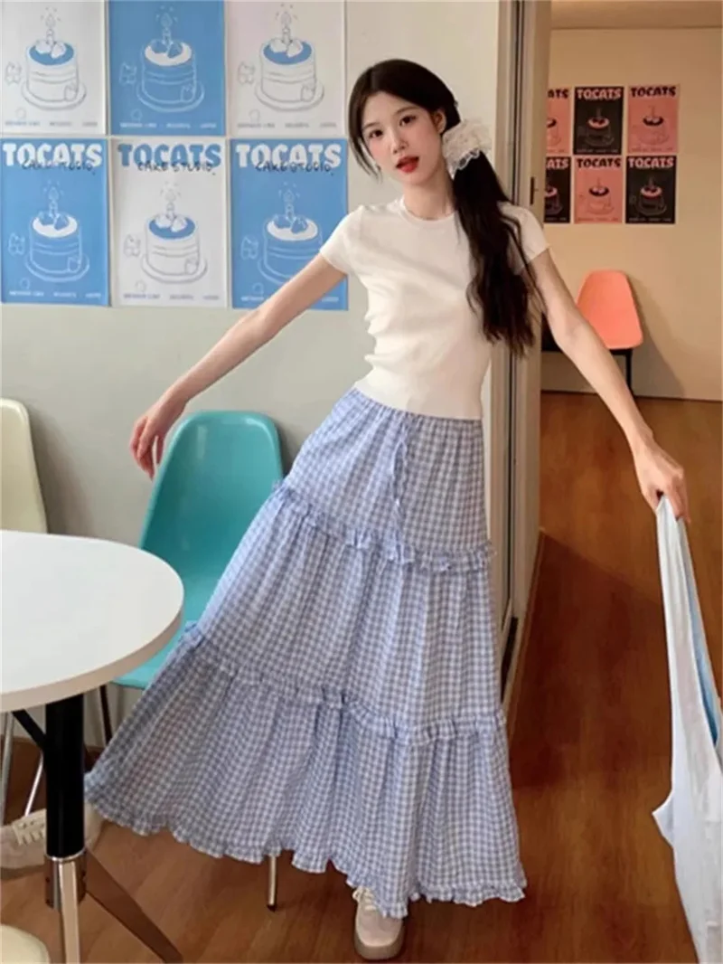 2025 Large Size Women's Summer New Item, Fat mm French Sweet Lace Plaid Skirt With Temperament, High Waist Cake Long Skirt Women