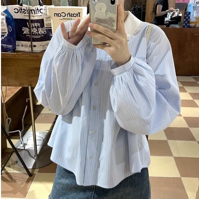 

Милая милая контрастная лоскутная полосатая блузка, весенне-осенняя новая корейская рубашка на пуговицах с длинными рукавами, модная повседневная женская одежда