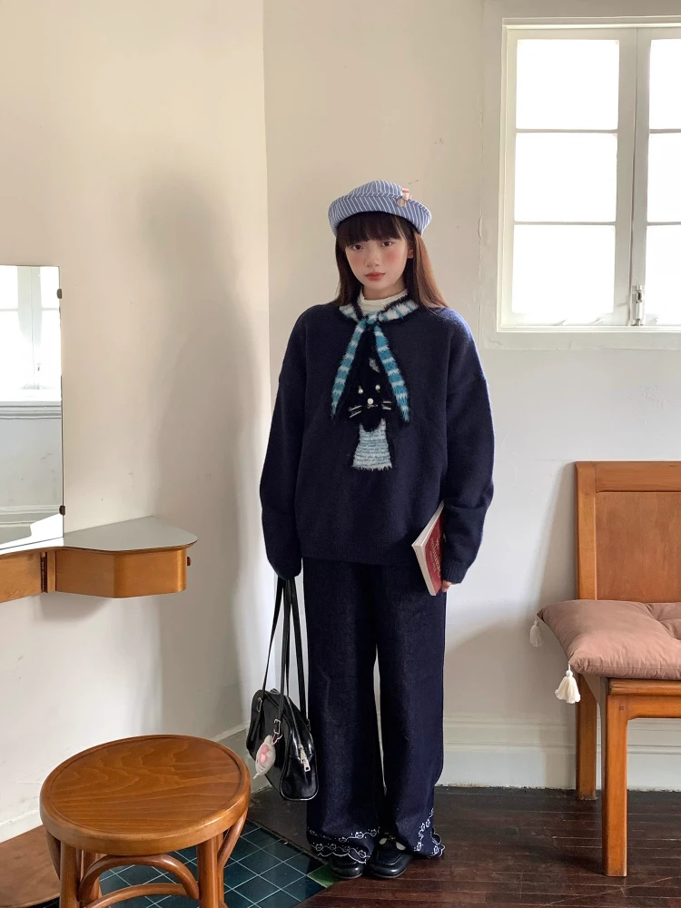 ヴィンテージスカーフカラーニットトップ女性のネイビーブルーゆったり猫ジャカードセーター秋冬パッチワークオーバーサイズプルオーバーニットウェア