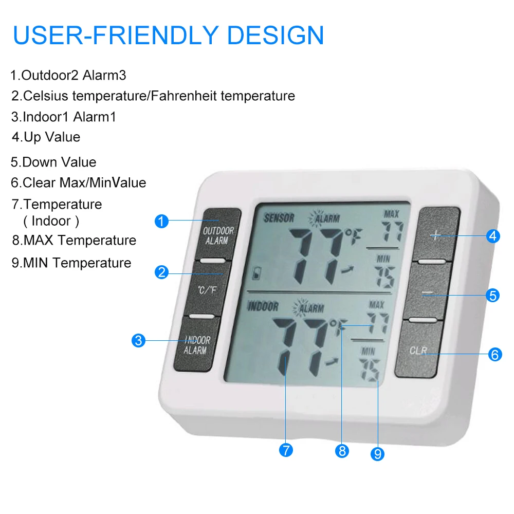 Wireless Digital Refrigerator Thermometer Audible Alarm Indoor Outdoor Thermometer with Sensor Freezer Thermometer