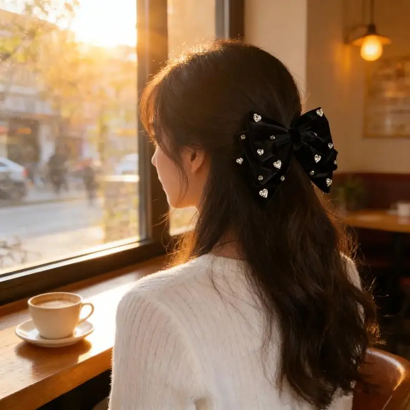 

Элегантная французская заколка для волос с бантом и стразами для женщин, черная, украшенная большим эффектным бантом, сверкающие аксессуары для волос.