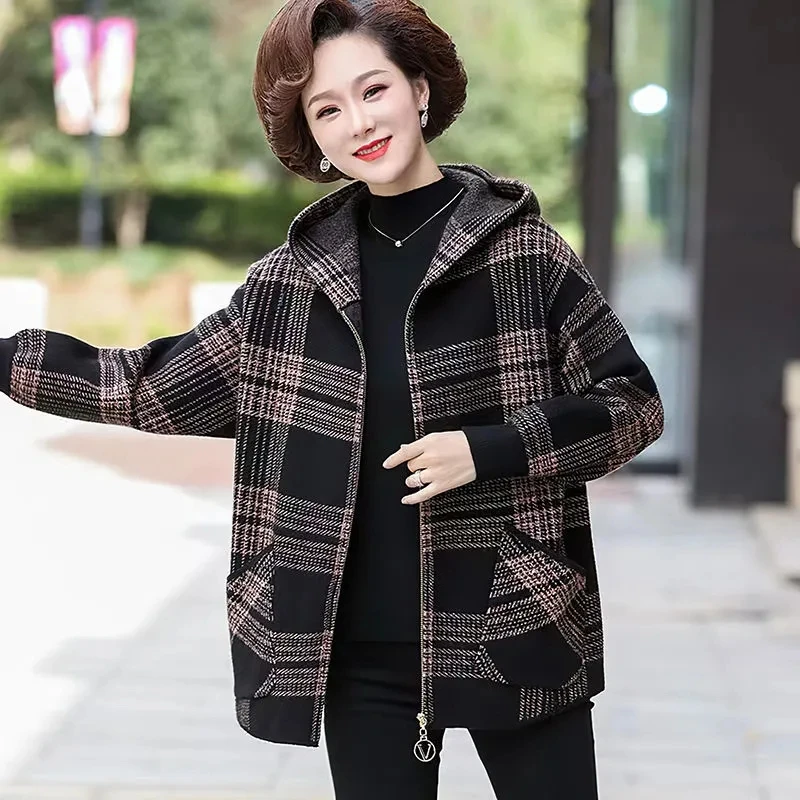 4XL Large Size Knitted Cardigan Zipper Jacket Middle Aged Mother Korean Hooded Sweater Coat Spring Fall Casual Women Plaid Tops