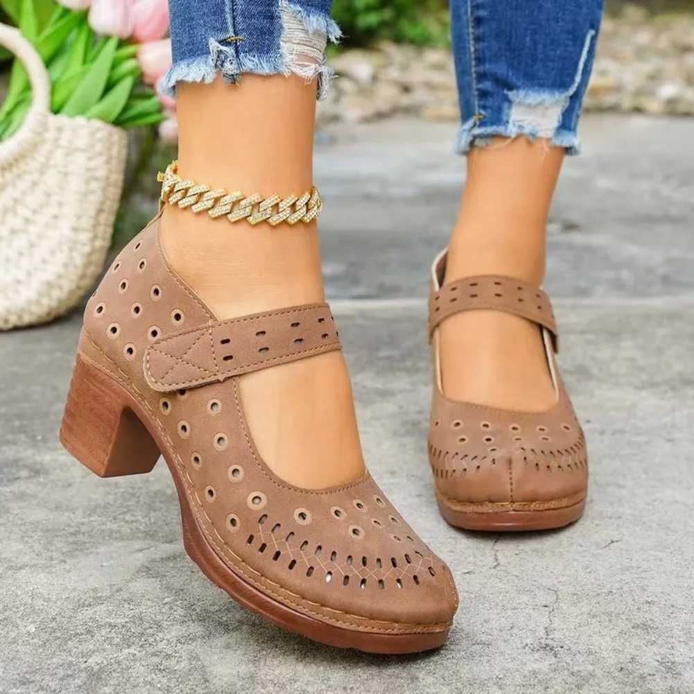 2026 Summer New Women Shoes Plus Size Chunky High Heel Sandals Hollow Closed Toe Slip-On Mueller Sandals Women Sandalias Mujer image 4
