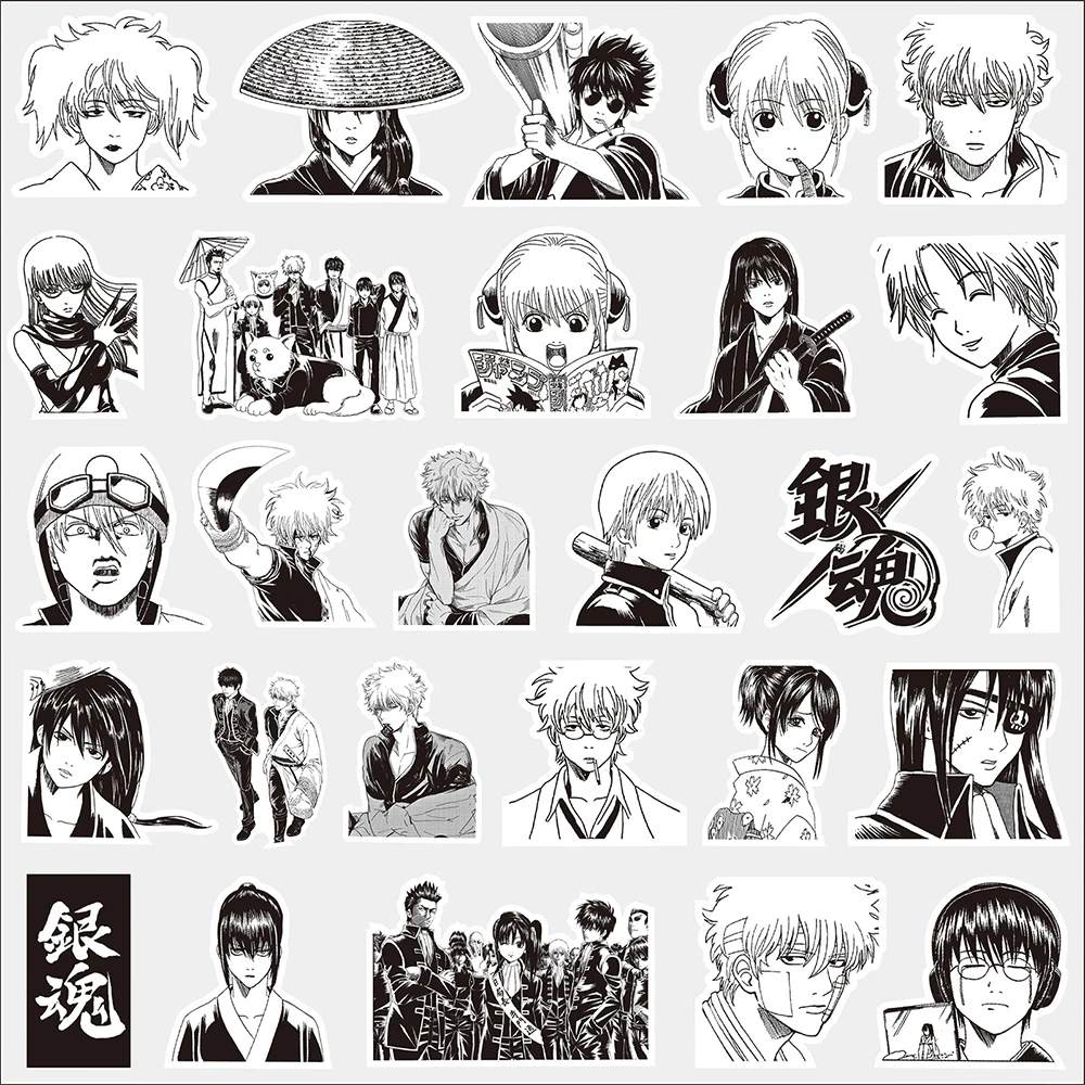 10/30/80pcs GINTAMA Black White Anime Stickers Cool Cartoon Sticker Notebook Skateboard Phone Bike Classic Manga Decals Kids Toy