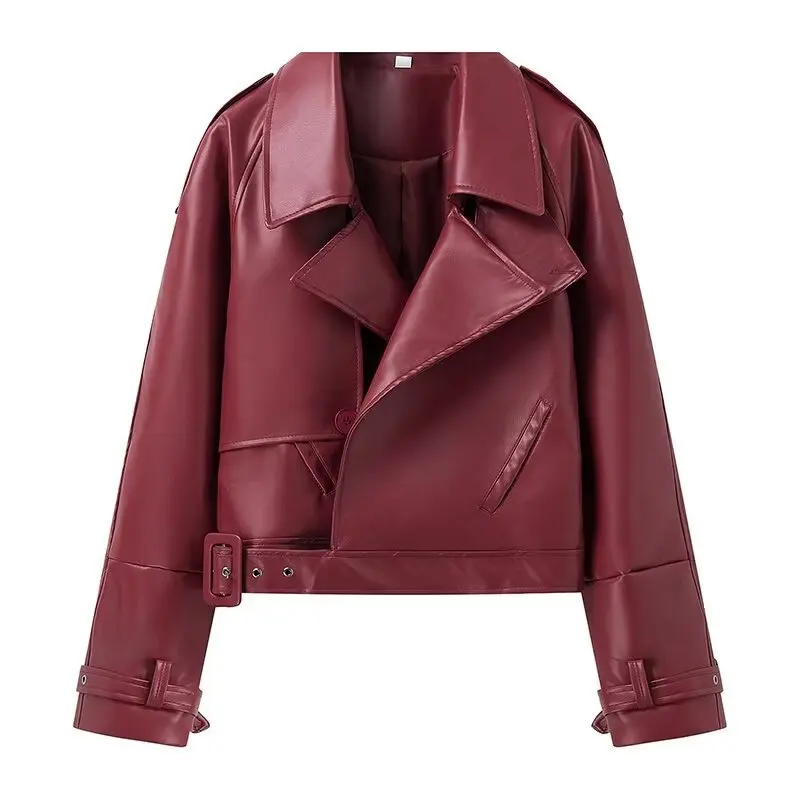 Vintage Burgundy PU Leather Biker Jacket Cool Adjustable Cuff Long Sleeve Lapel Zipper Women Fall Winter Punk Short Coat