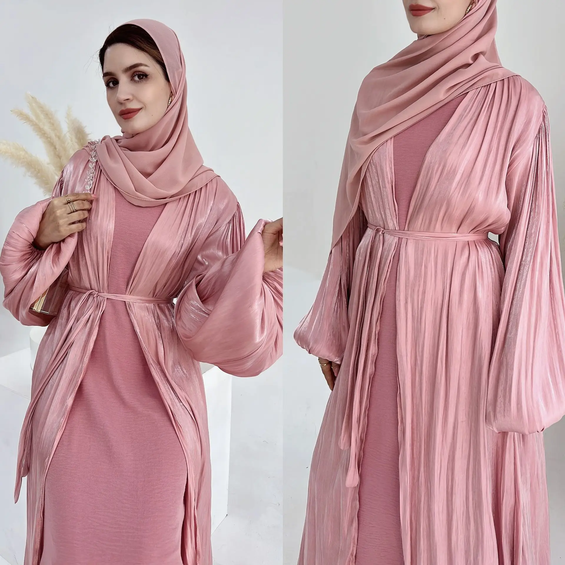 

Shiny Satin Abaya Muslim Turkey Summer Puff Sleeve Kimono Open Dress Dubai Turkey Arabic Jalabiya Ramadan Women Robe Clothing