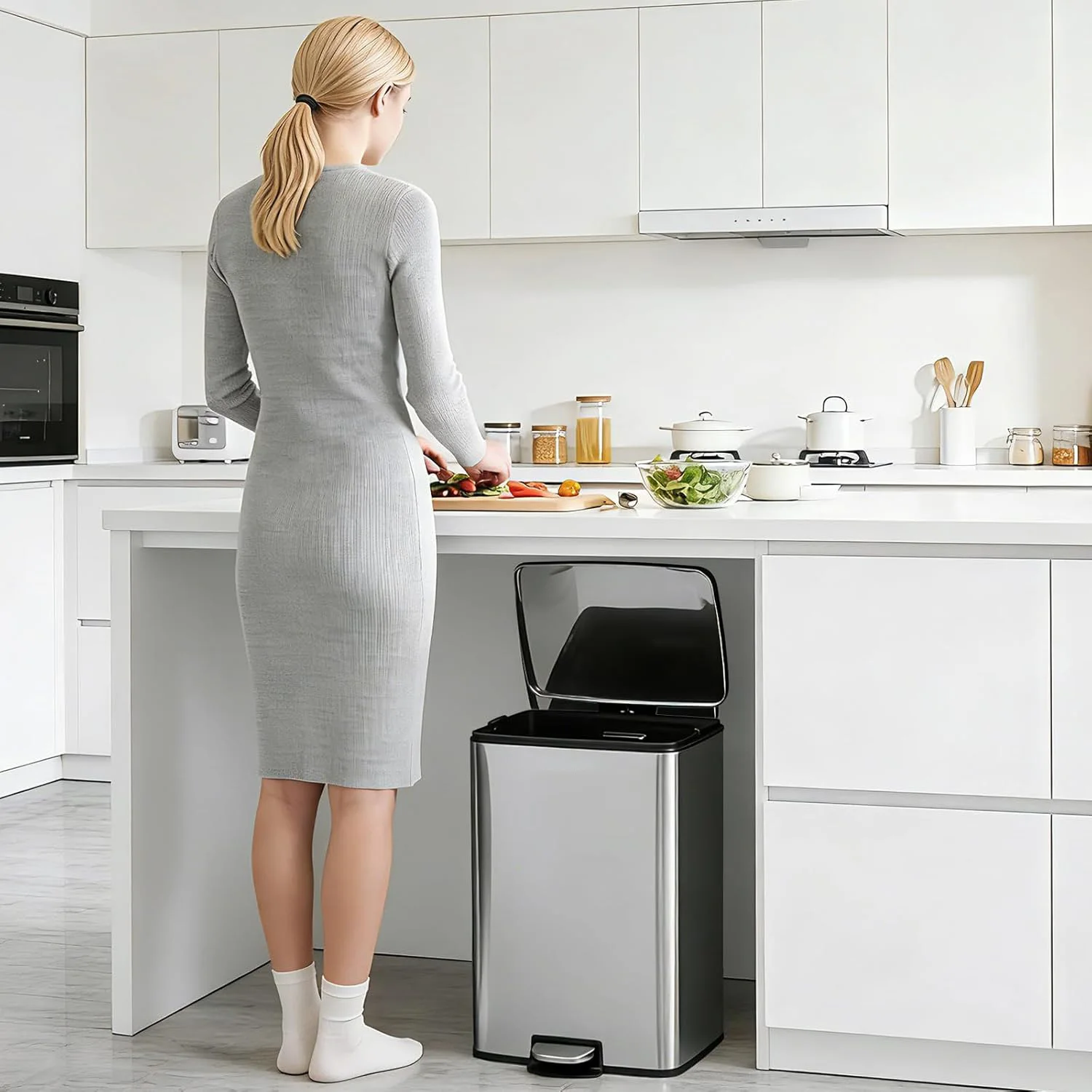 

Fingerprint-Proof 13 Gal Pedal Trash Bin Stainless Steel Kitchen Wastebasket Removable Liner Quiet Lid For Office Garage
