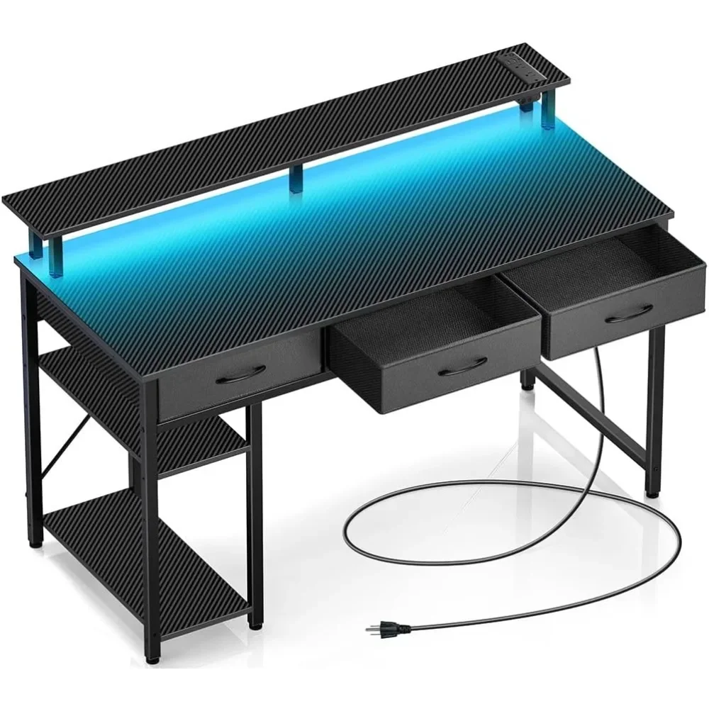 Bureau de bureau à domicile avec prises de courant et lumière LED, bureau de travail moderne, noir carbone, 3 fermetures à proximité, étagères de rangement, écriture, 47 po