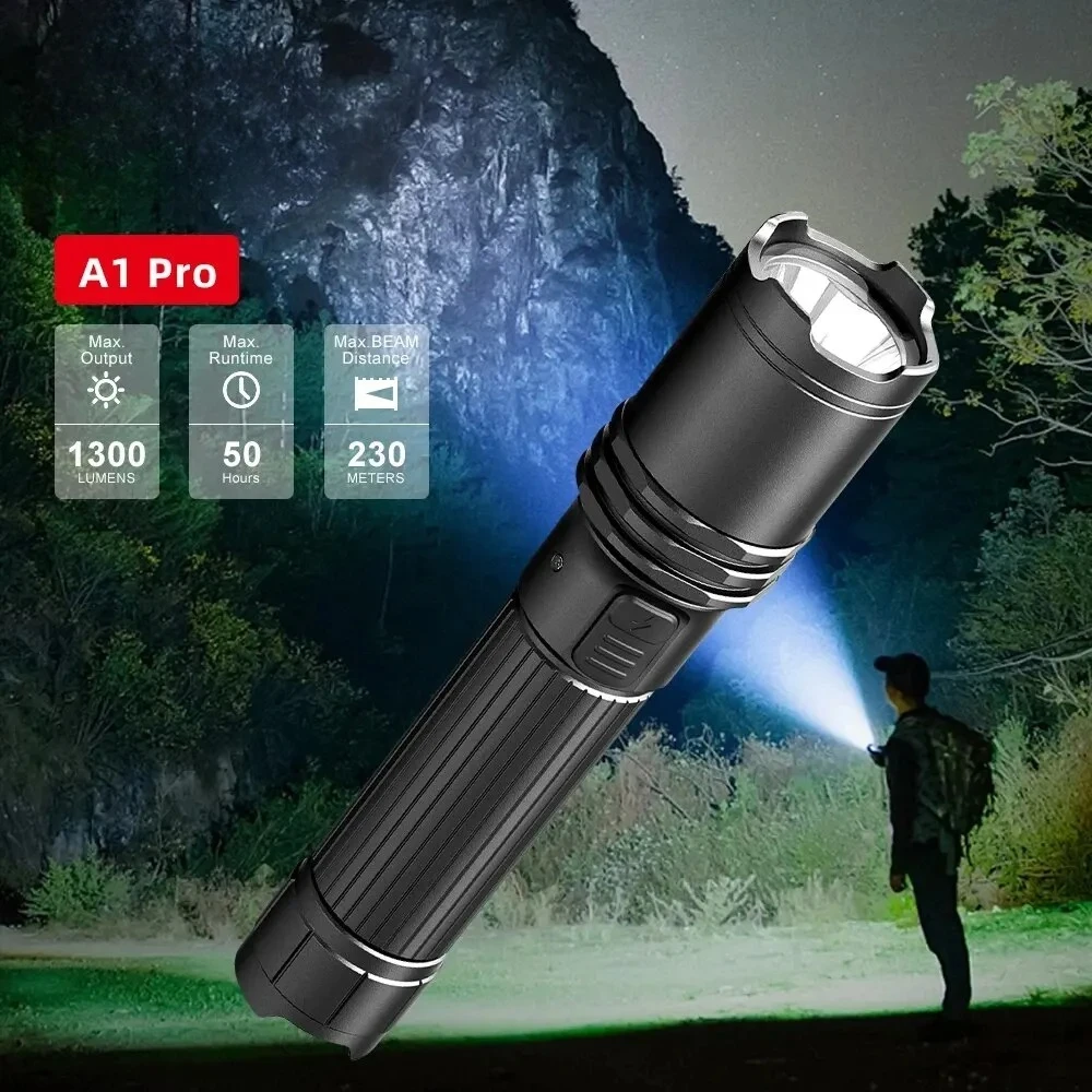 

A1 pro LED Flashlight High Power IPX6 Waterproof Self Defense Camping Spotlight 3 Modes USB-C Rechargeable Torch Light