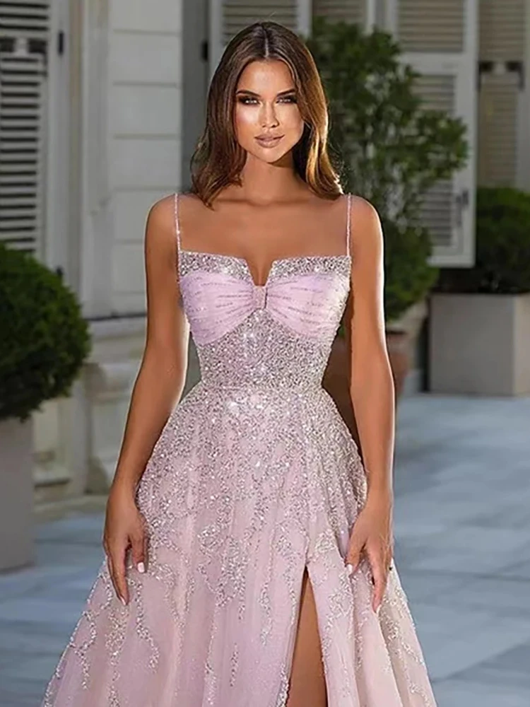 Beautiful Pink Prom Dresses For Women Evening Dress Sexy Gowns Spaghetti Straps High Split Backless Vestidos De Gala Customized