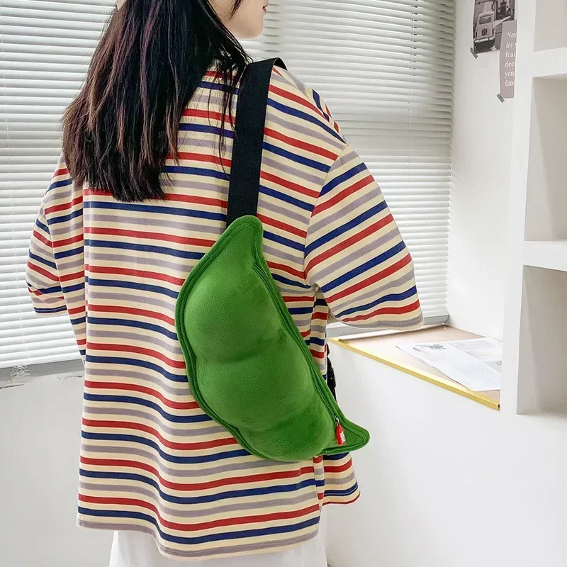 Fashion Plush Women\'s Messenger Bag Cute Edamame Shaped Shoulder Bag Fresh Sweet Solid Color Zipper Handbags for Women 2023