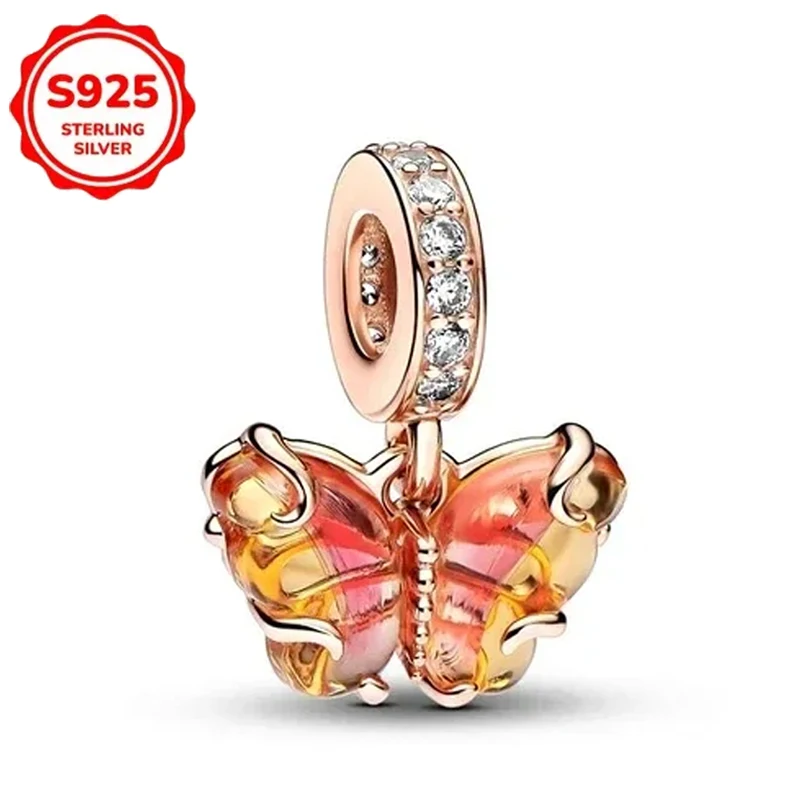 925 Sterling Silber Charms Bunte Emaille Schmetterling Plumeria Blume Sonne Mond Stern Anhänger Perlen Damen Armband DIY Schmuck Geschenk