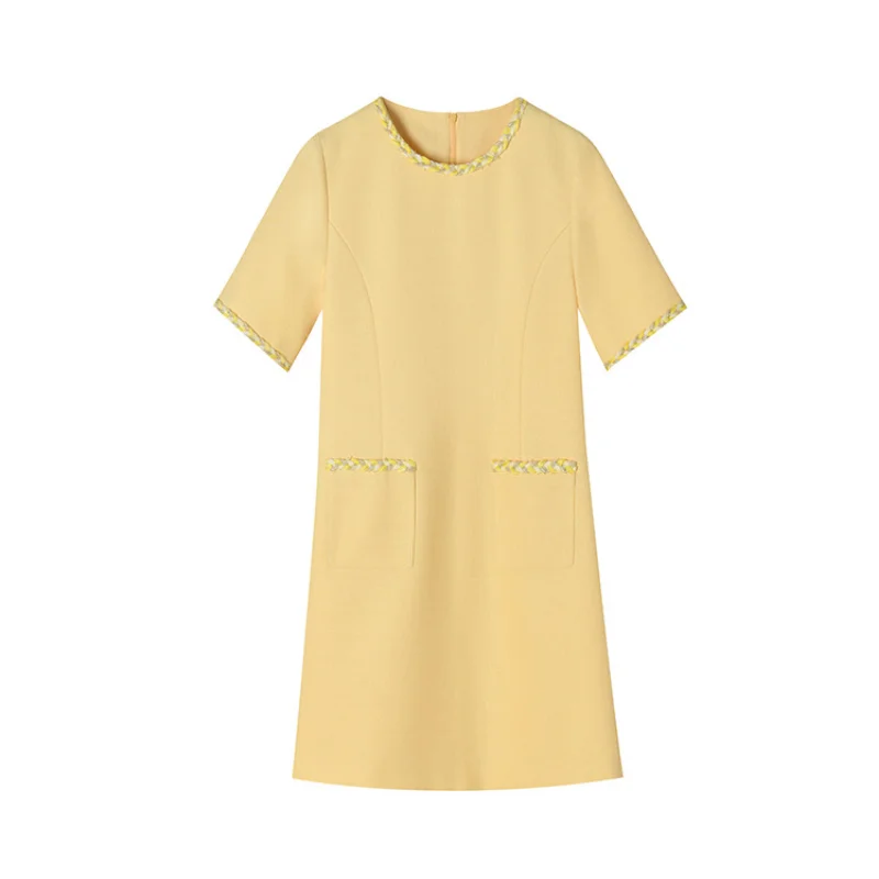 French Simple Small Fragrance Dress Women Fashion O Neck Short Sleeve A Line Elegant Tweed Office Yellow Short Dress Female