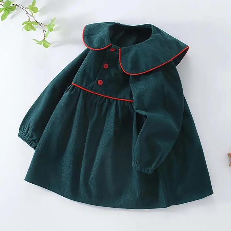 DAYIFUN Girls Corduroy Dress Lovely Solid Loose Long Sleeved Frock Doll Collar Buttons Elegent Daily Leisure Dark Green Dresses