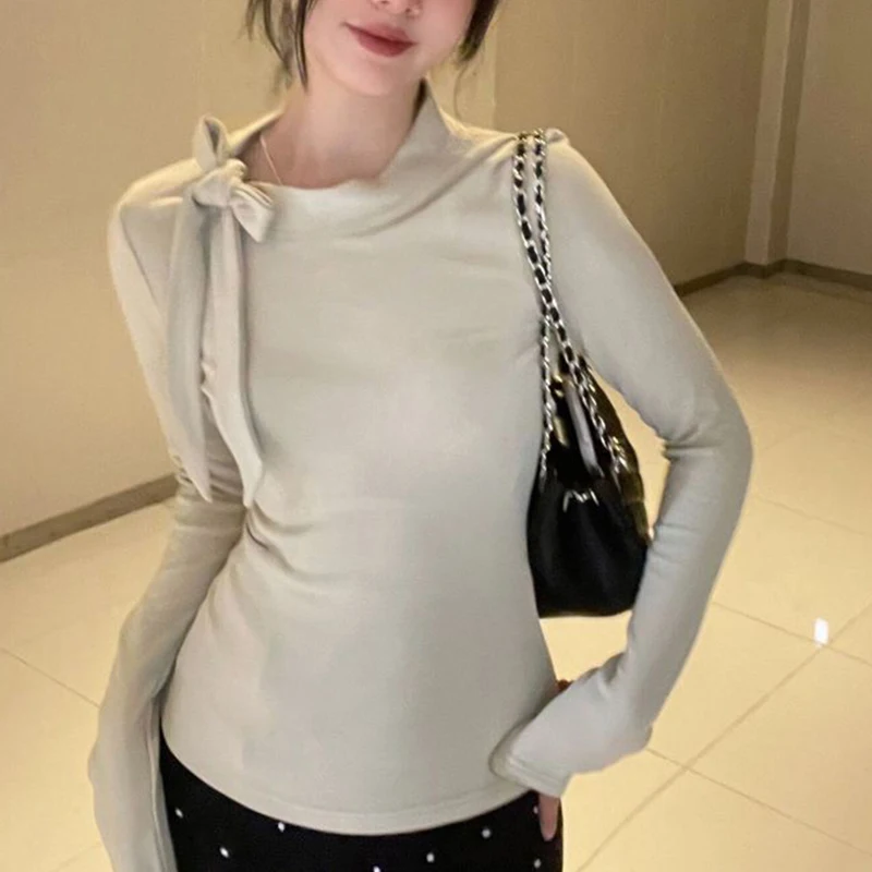 Autumn Korean Bow Lace-up Long Sleeve Irregular Casual Slim T-shirt For Women