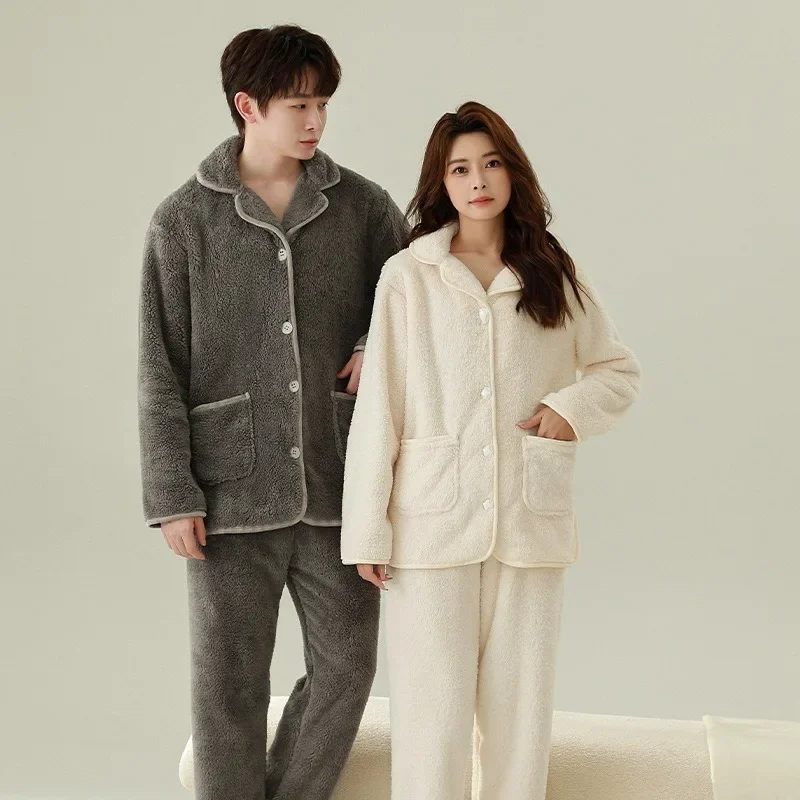 Super Soft Couple Pajamas Winter and Fleece Heavy Coral Flannel Solid Color Home Suit Men Women Cosy Thermal Pajamas Winter