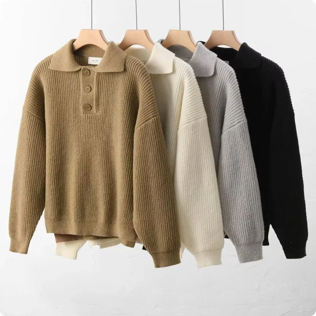 

Свободная мужская трикотажная рубашка-поло с длинным рукавом, повседневная зимняя верхняя одежда, удобный мужской свитер в ленивом стиле, модная осень-зима