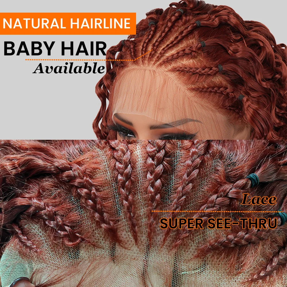 180%密度の巻き毛ノットレス編み込みウィッグ、自然な生え際、ジンジャーカラー、13x4レースフロント、女性用巻き毛合成ウィッグ