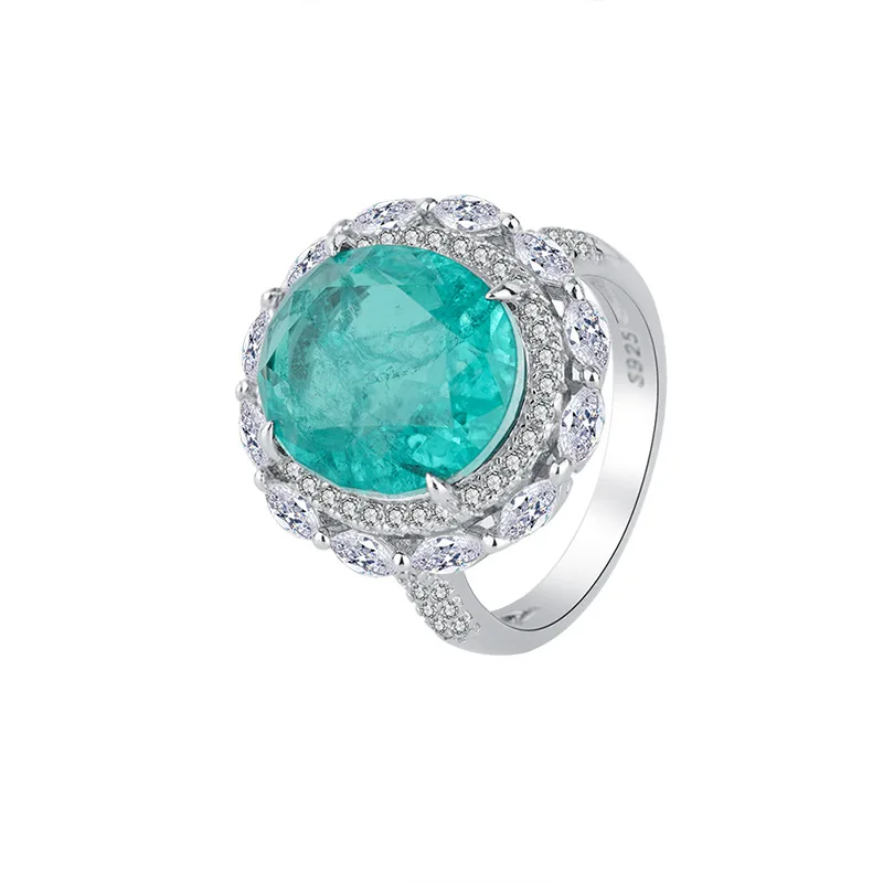 S925 All over silver Tiktok hot sale Muzo green grandmother green palaiba full diamond women's ring stone 12 * 14