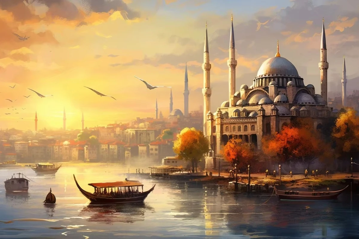Peinture au diamant DIY Mosquée d'Istanbul au coucher du soleil, paysage urbain oriental, mosaïque, art fait main, cadeau créatif, décoration intérieure