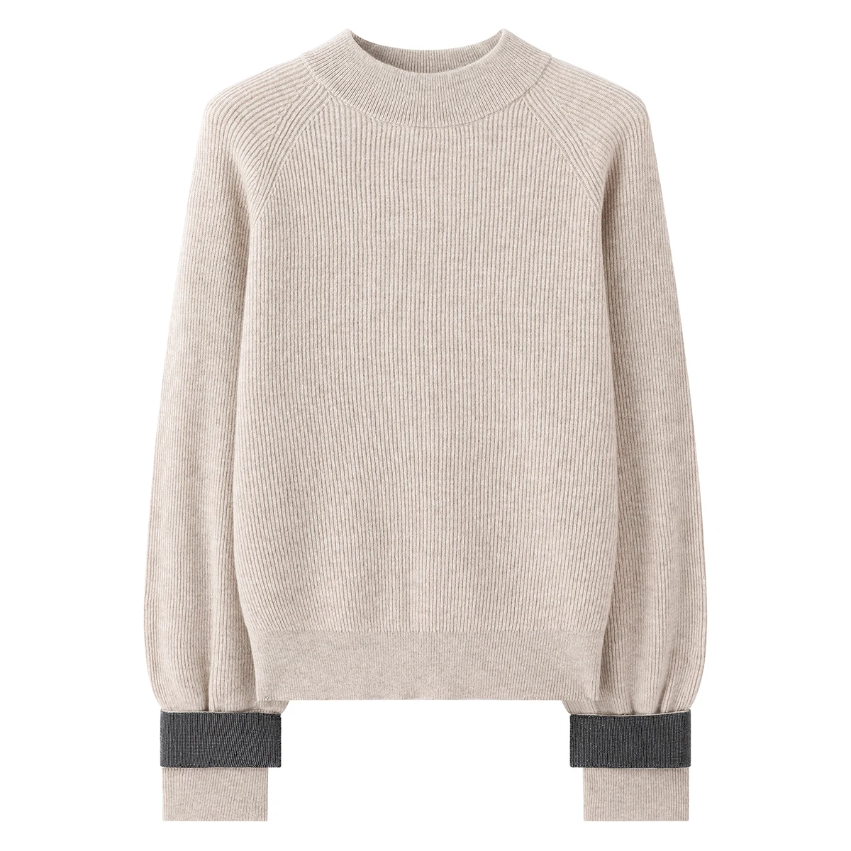 BD4521333 高級メリノウールリブ編みプルオーバー 100% メリノウール 12ゲージニット クルーネック メタリックエッジ仕上げ