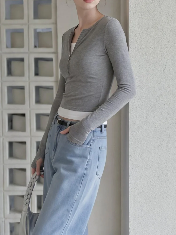 Y2K Kleidung Damen T-Shirt Neues Fake-Zweiteiler-Design mit Reißverschluss Pullover Slim Fit Langarm T-Shirt Herbst Winter 2000er Jahre Tee Top – Detail 6
