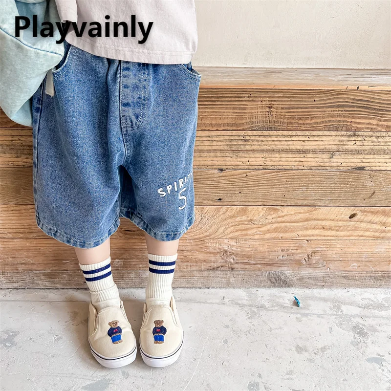夏の女の赤ちゃんと男の子のショーツ弾性ウエストブルーブラックレタープリントデニムショーツルーズワイドレッグショートジーンズ子供服-a2279