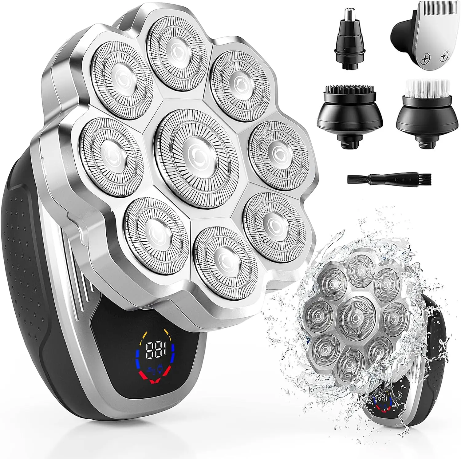 ماكينة حلاقة الرأس للرجال الأصلع ماكينة حلاقة كهربائية للرجال 5 في 1 ماكينة حلاقة كهربائية 9D ماكينة حلاقة برأس عائمة مع شفرات مغناطيسية قابلة للفصل