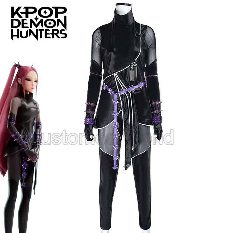 أنيمي فيلم Kpop شيطان الصيادين رومي تأثيري حلي جلدية سوداء معركة البدلة الكبار النساء الرجال معطف السراويل حزام قفازات هالوين #5