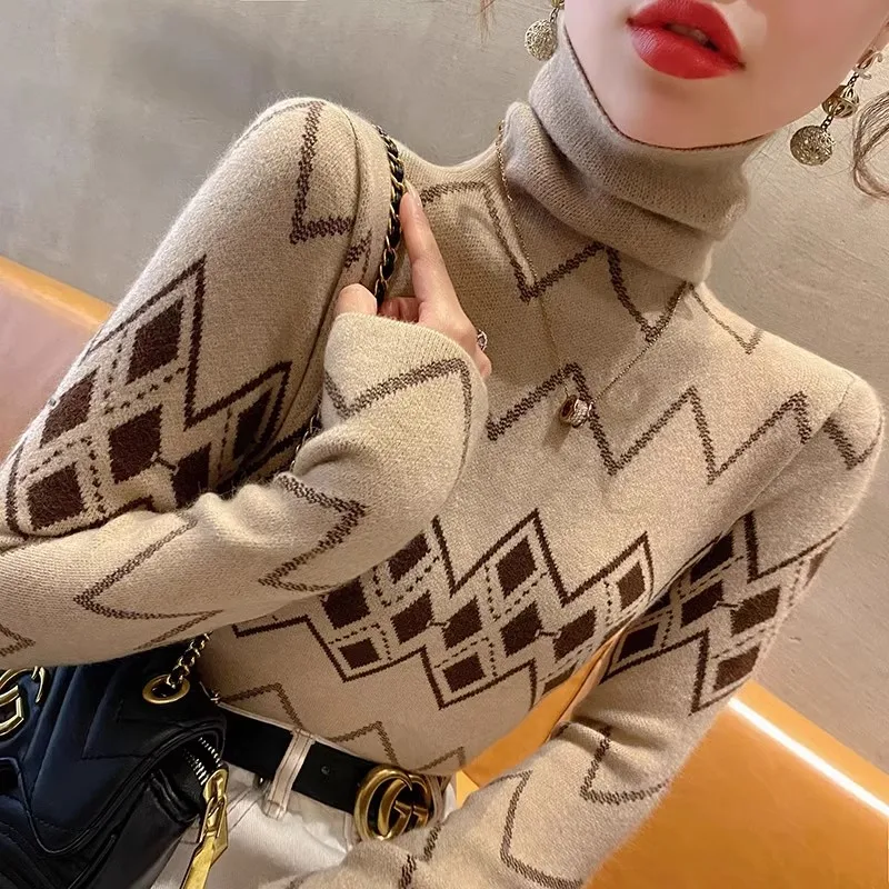 Women Vintage Fashion Jacquard Sweaters Spring Casual Elasticity Slim Chic Knitted Tops 2024 New Simple All-match Basic Pullover