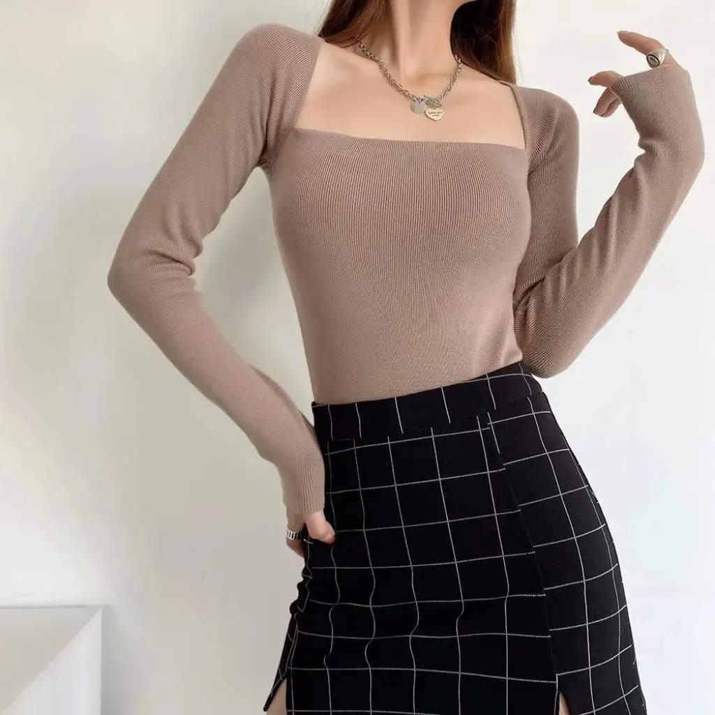 

Women's Black Retro Square Collar Long Sleeve Sweater Autumn Hong Kong Style Open Collarbone French Bottoming Off-Shoulder Top