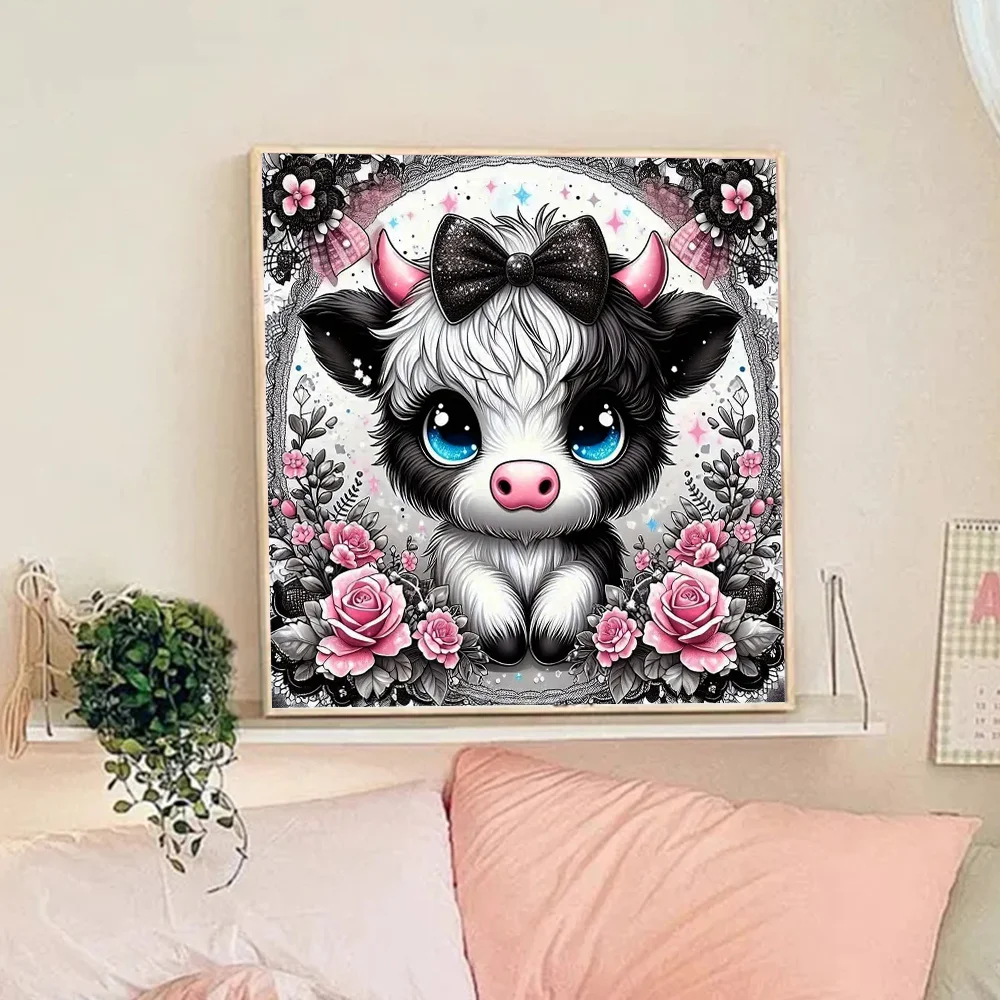 Huacan New 2024 Diamond Painting Animal Cow Full Round Square Diamond Mosaic Flower Rose Wall Decorative Pictures For Home