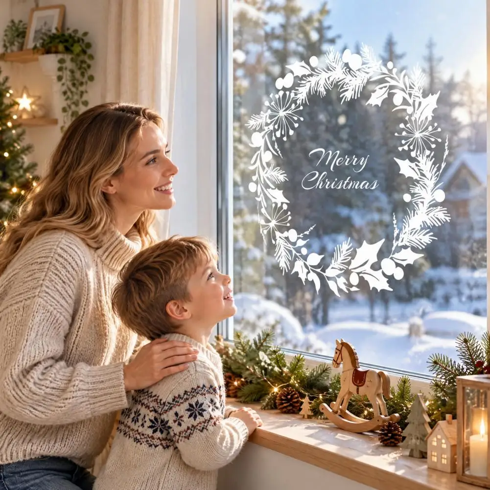 2027 Merry Christmas Window Clings White Wreath Reusable Static PVC Sticker for Home, School, Glass Window, Door Decor