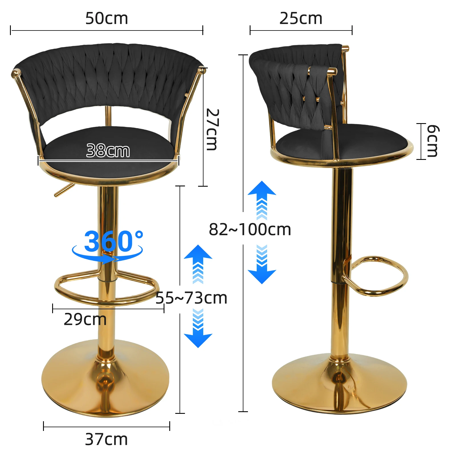 Set van 2 keukenkrukken met fluwelen bekleding en geweven rugleuning en in hoogte verstelbaar, barstoelen, restaurant, draaibaar frame