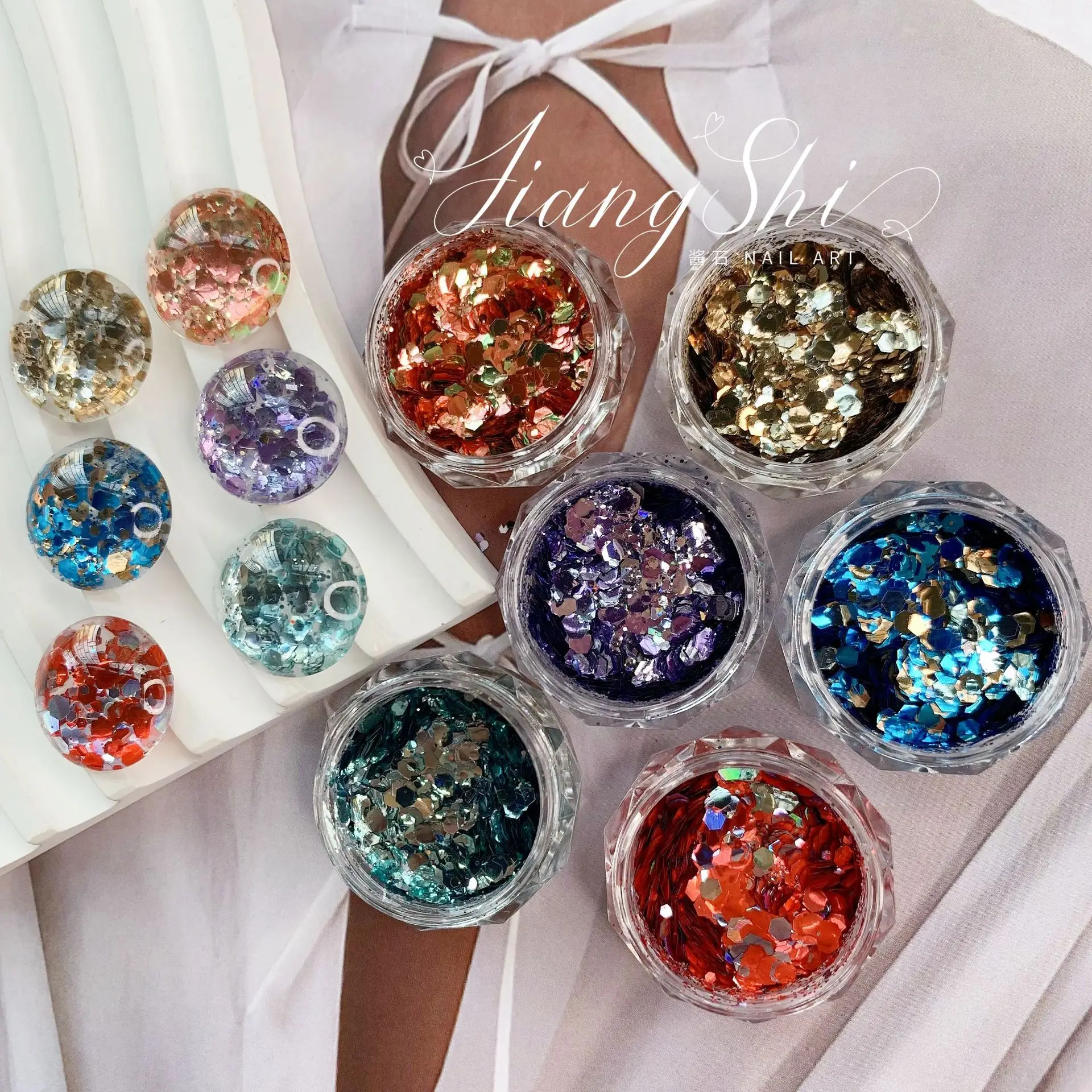 1Jar Nail Glitter Flakes 2022 New South Korea Flash Chunky Sequins Mixed Mirror Hexagon Shining Maincure Nail Art Decorations